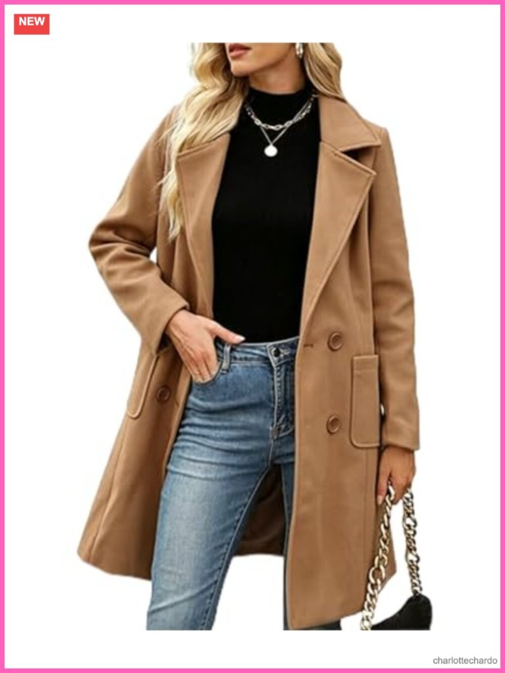 Wool Blend Pea Coat Notch Lapel Double Breasted Mid-Long Winter Overcoat